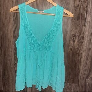 Eyeshadow Brand Women’s Teal Lace Tie Up V Neck Boho Peasant Tank Top Size L